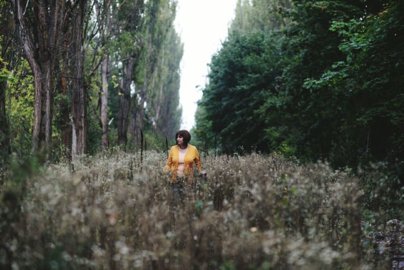 Alina’s mother standing on what once was the main street of Prypyat.