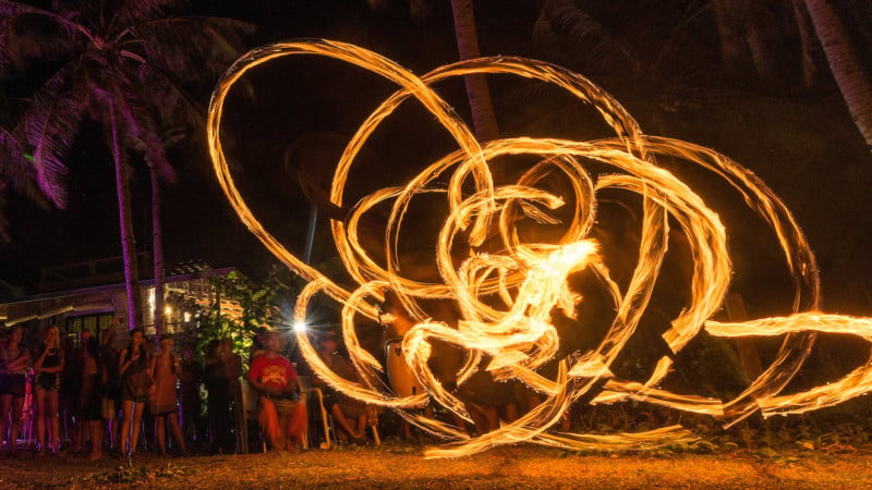 Fire dancers at Viento Del Mar, april 8 2016, Siargao Philippines. The first couple are performance artists Vatra & Connie, followed by a Filipino guy whose name I don't know.  The bar Viento Del Mar does art nights every friday, theme of this night was Hippies, prize for best dressed, making bamboo rain sticks and tie-dying t-shirts. It's a cool trendy bar, good music and good vibe, one of my favourite places to go out here in Siargao.