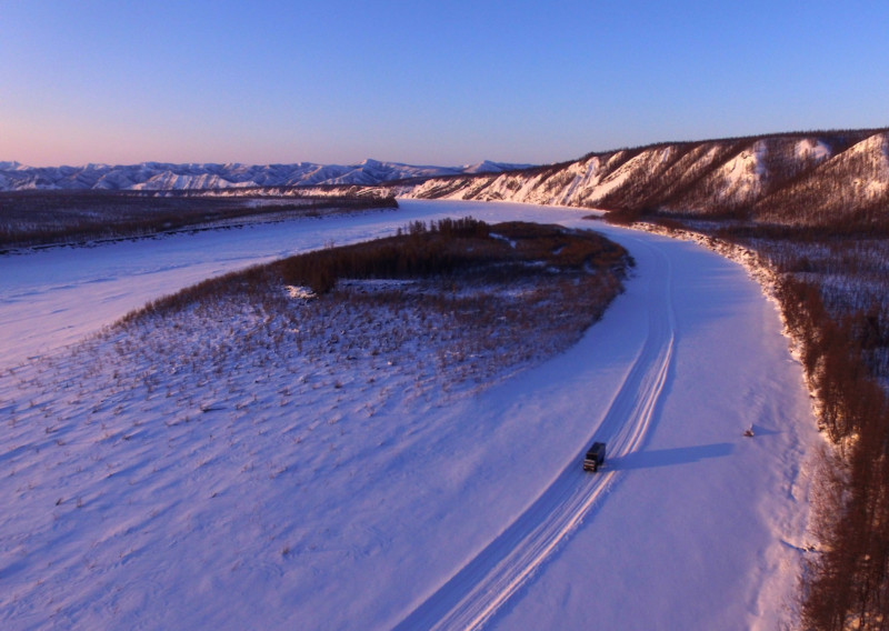 A broad sweep of the Indigirka river, close to the town of Belaya Gora. Despite the pristine landscape most drivers, including Ruslan, toss their trash out onto the ice.