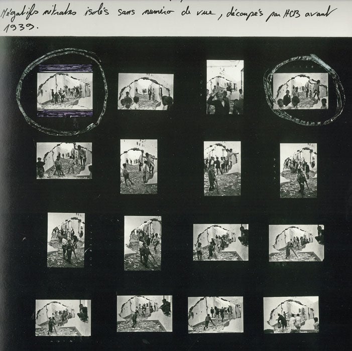 This particular sheet is not the original, but a sort of best guess (based on the developing moment of the subjects) of the order the photos were taken in. The original negative were unnumbered and cut into individuals by Bresson sometime before 1939. To be read like a book, left to right and top to bottom. This scan was taken from one of my all time favorite books, Magnum Contact Sheets (2011).
