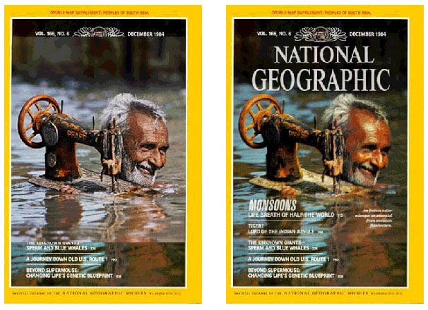 McCurry's original photo overlaid on the cover (left) and the published cover (right). Comparison by TIME.