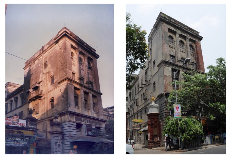 On the left, the building before the fire and on the right, the building in its present state. Image comparison via Jayant Gandhi.