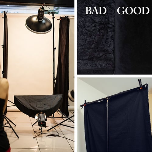 I use black velvet sheets as flags instead of the large poly boards when I'm on location. They are portable and cheap but just make sure you get the cotton based version as the synthetic one acts more like a reflector than a flag.