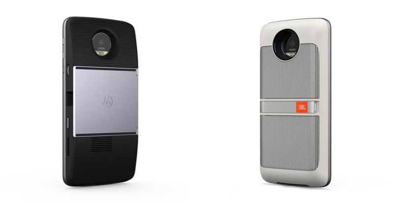 The Moto Z with the Projector (left) and JBL Speakers (right) add-ons attached.