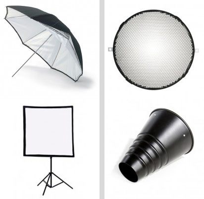 On the left you have the umbrellas and softboxes, these are soft light modifiers and on the right you have grids and snoots, these are hard light modifiers.