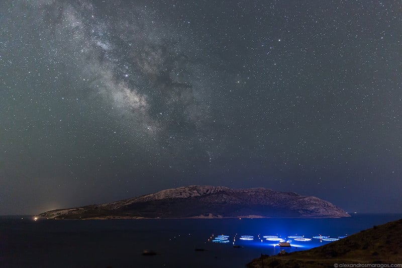 The Milky Way over the private island of Patroklos in the Saronic Gulf, 60km southeast of Athens, at the southernmost tip of the Attica peninsula in Greece.