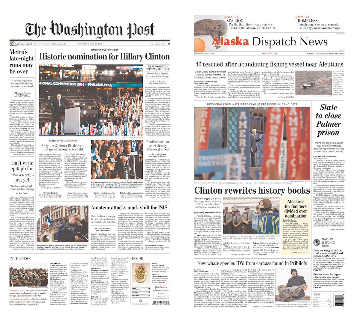 Papers Criticized for Using Bill Clinton Photo for Historic Hillary ...