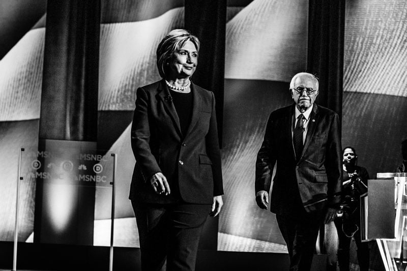 Hillary Clinton and Bernie Sanders at the MSNBC Democratic Debate at the University of New Hampshire on Feb. 4th, 2016.