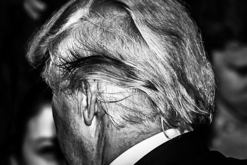 Donald Trump's hair at a rally in South Bend, IN, on May 2nd, 2016.