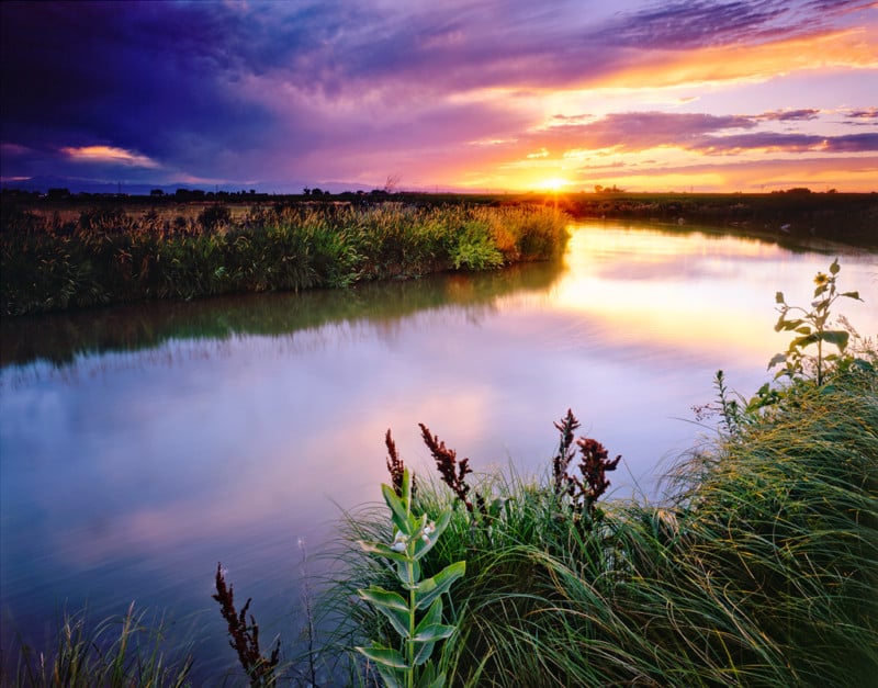 "Irrigation Ditch Sunset" - Velvia 50 4x5, 75mm Lens - 4 seconds at f32, 2 stop hard and 2 stop soft GND filters.