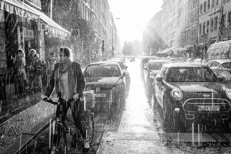 black and white rain streets