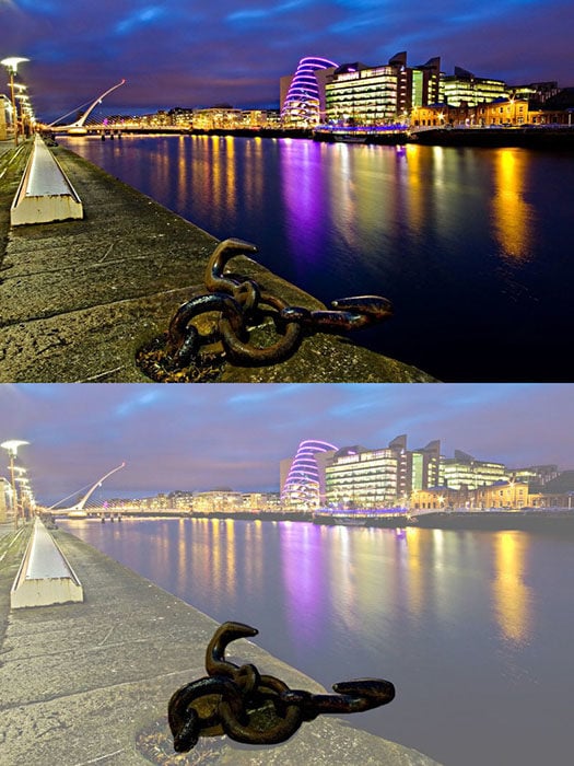 A nighttime photo captured at Dublin Docklands of a dock cleat in the foreground