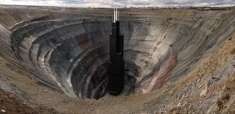 The Mir Mine located in Russia is one of the deepest mines in the world. The official depth is 1,722 feet deep. If the 2nd tallest building in the United States, the Willis or Sears Tower which is 1,729 feet tall was placed in the mine, the tip would only stick out 7 feet past ground level.