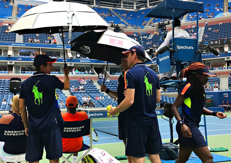 NEW YORK, NY - SEPTEMBER 09:  During a break in play umbrellas are used to shield the players from the sun on an intense day of heat during Day Twelve of the 2016 US Open at the USTA Billie Jean King National Tennis Center on September 8, 2016 in Queens.  during the Mixed doubles final Laura Siegemund (GER) Mate Pavic (CRO) def. Coco Vandeweghe (USA) [7] Rajeev Ram (USA) [7] (Landon Nordeman for ESPN)