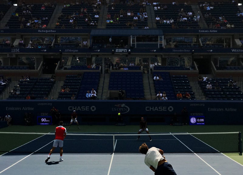 NEW YORK, NY - SEPTEMBER 10:  Jamie Murray and Bruno Soares (in Red) compete in the Men's Doubles Final on Day Thirteen of the 2016 US Open at the USTA Billie Jean King National Tennis Center on September 10, 2016 in Queens.  The pair defeated Pablo Carreno Busta and Guillermo Garcia-Lopez. (Landon Nordeman for ESPN)