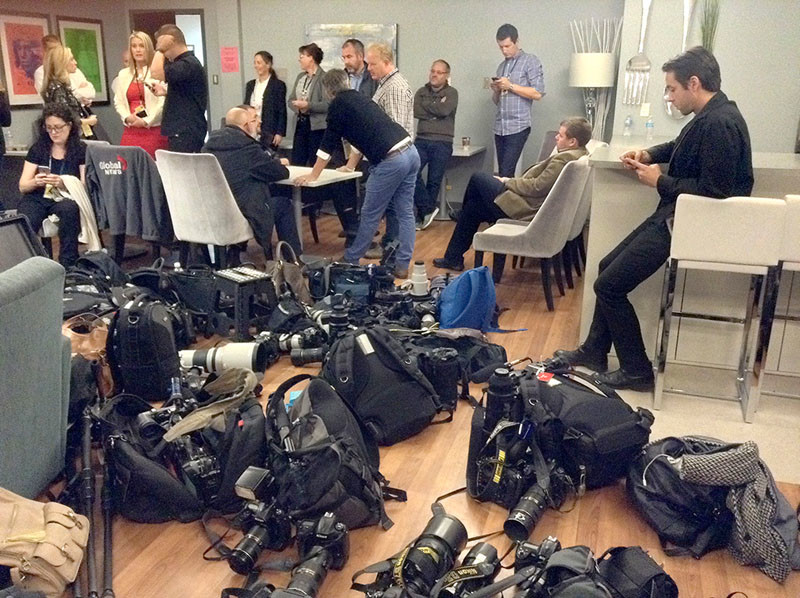 Members of the media wait for a security check at the Unversity of British Columbia Okanagan campus, prior to the arrival of the Duke and Duchess of Cambridge. Photo by Gary Nylander/The Daily Courier