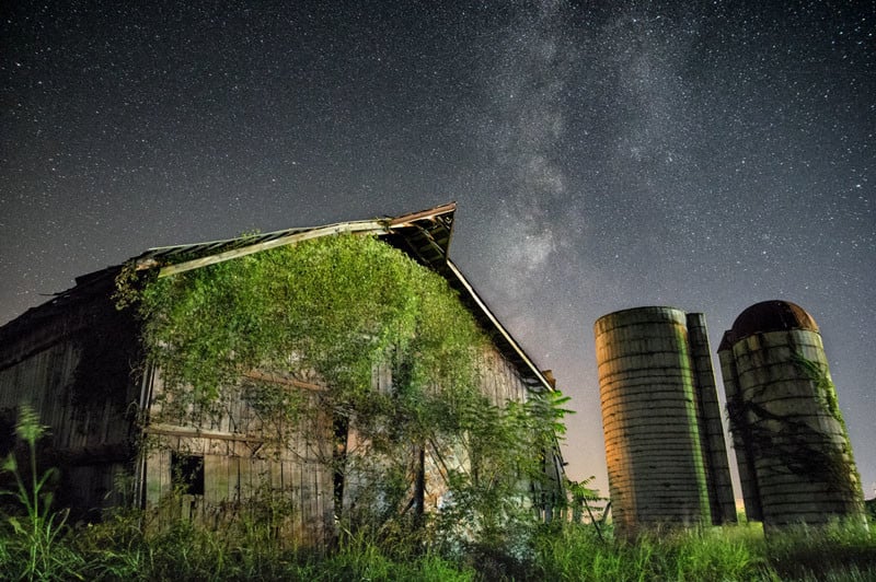 A nearby street light provided the lighting of this barn and silo. This shot was taken at ISO 3200, f/2.8, 15 secs.
