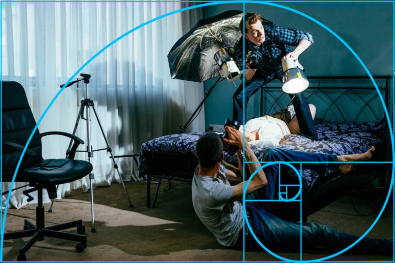 This time the spiral passes through background objects like the chair and tripod, around the lighting and on to the crook of the leg of the photographer on the floor.