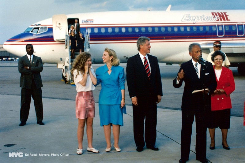 July 15, 1992. Mayor Dinkins and Joyce Dinkins welcome Bill, Chelsea and Hillary Clinton to New York prior to the 1992 Democratic National Convention.