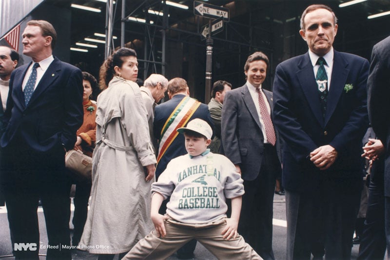 March 15, 1993. Andrew Giuliani waits for the beginning of the St. Patrick’s Day parade. Fifth Avenue, Manhattan.