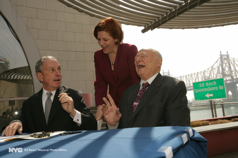 April 11, 2011. A bill changing the name of the Queensborough Bridge to “the Ed Koch Bridge” is signed into law with NYC Council Speaker Christine Quinn looking on.