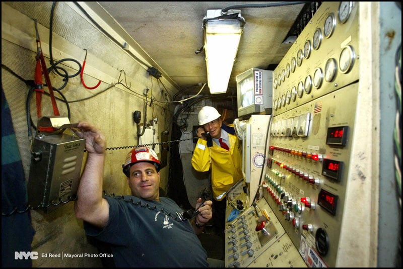 August 9, 2006. Mayor Mike Bloomberg makes the call to start the boring machine as part of the third water tunnel construction project.