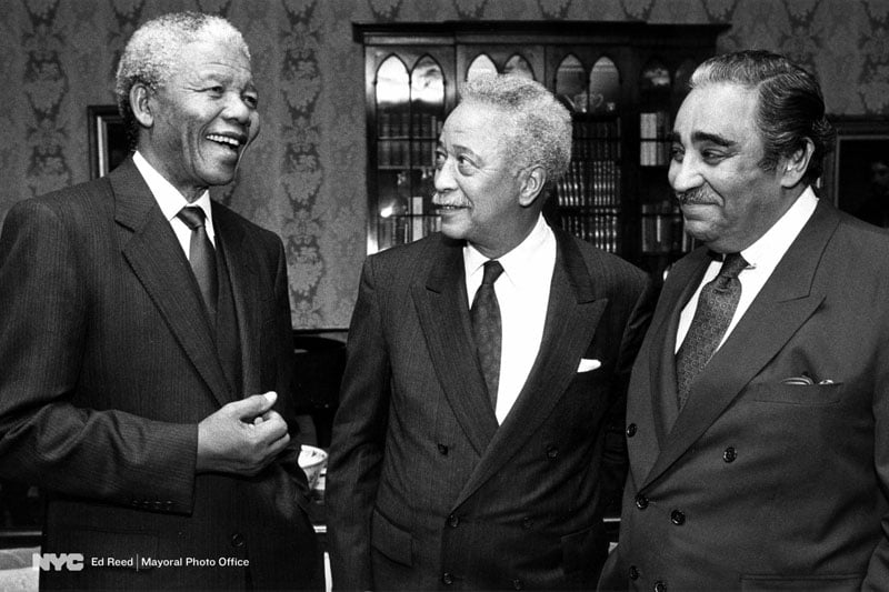 March 12, 1991. Nelson Mandela, David Dinkins and Charles Rangel chat at a reception in Mandela’s honor at Gracie Mansion.
