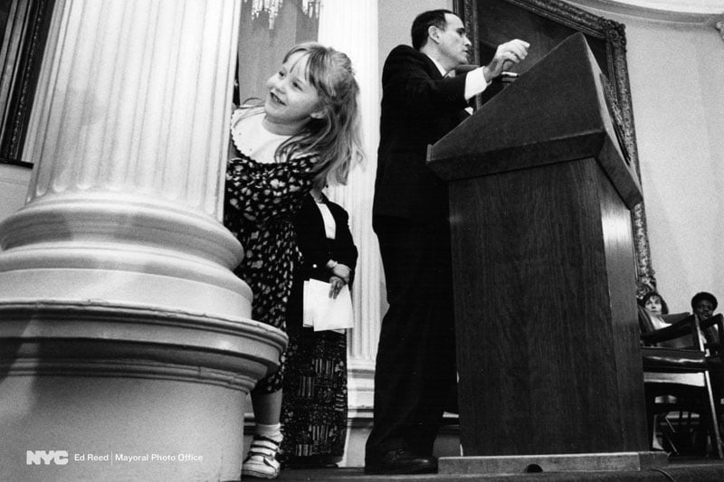 April 28, 1994. Caroline Giuliani joins her dad on the podium on “Take Your Daughters To Work Day” at City Hall.