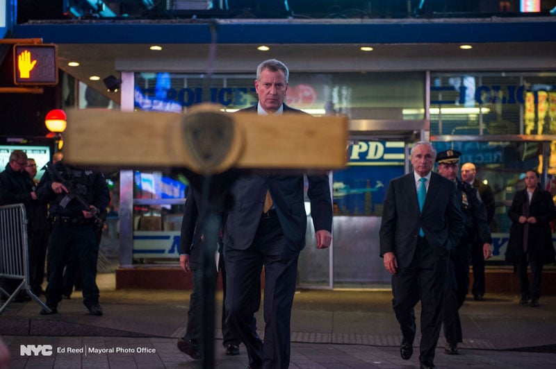 November 18, 2015. Mayor Bill de Blasio updates New Yorkers on counterterrorism measures in Times Square.