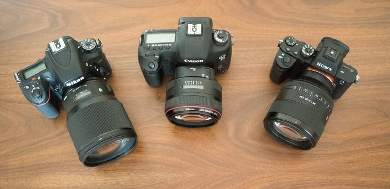 The bodies I’ve used, left to right: Nikon D750 & 85mm Art, Canon 5D Mark III & 85mm 1.2, Sony A7RII & Sony 85mm 1.4GM