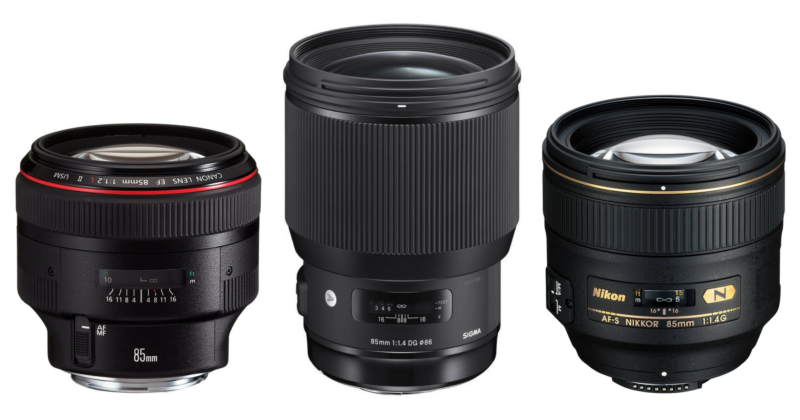 Relative size difference. The Canon 85mm f/1.2L II, left. The Nikon AF-S Nikkor 85mm f/1.4G, right. Sigma 85mm 85mm f/1.4 | Art lens, center.