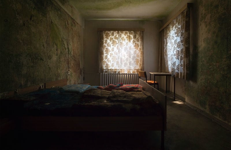 An abandoned hotel room.