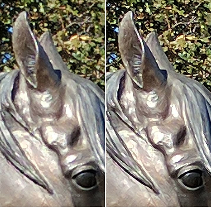 An original image (left) compared to the RAISR upscaled output (right)