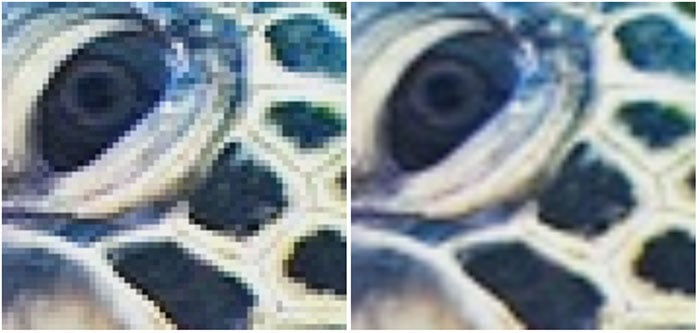 A low-res image (left) upsampled with the simple bicubic method (right), resulting in a low-quality image without sharp details.