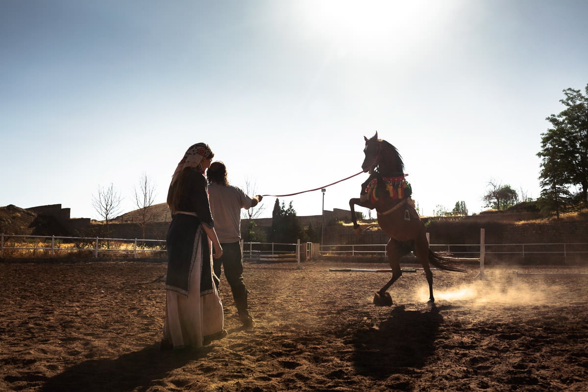 Ali shows Anna how to make a horse rear up in a dusty arena near the stables.