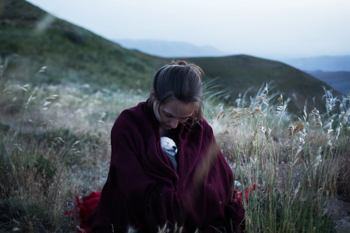 Anna cuddling with a puppy in the Alborz mountains while Ali prepares some tea.