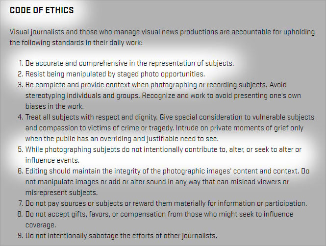 Relevant lines in the NPPA Code of Ethics.