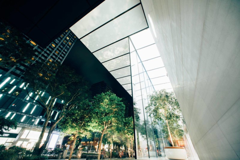 The Apple store in Orchard runs exclusively on green energy, through innovative solar panels installed on its roof. Moreover, its groves feature lush green trees, adding to the environmental aesthetic of the store.