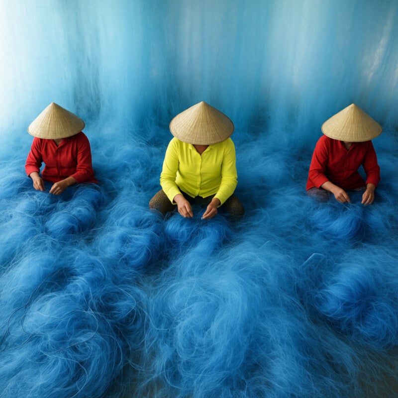 Three people in conical hats, two in red and one in yellow, sit on blue fishing nets, working with their hands. The background and floor are filled with blue netting, creating a vibrant, textured scene.