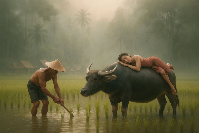 A man in a conical hat tends to rice plants in a misty field while a woman in a red dress peacefully sleeps on a water buffalo. Traditional houses and tall palm trees are visible in the background.