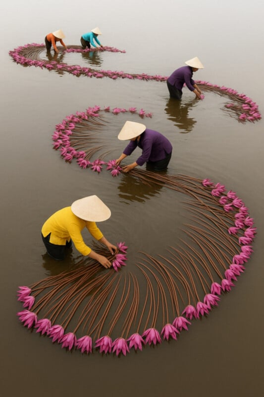 Five people wearing conical hats and colorful shirts stand knee-deep in water, arranging long-stemmed pink water lilies into swirling patterns on the water’s surface.