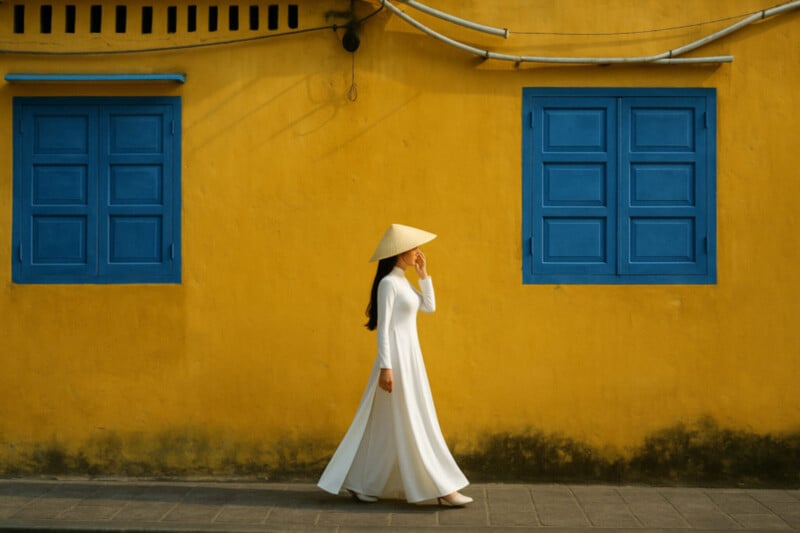 A woman wearing a traditional white dress and a conical hat walks past a bright yellow wall with two blue shuttered windows.