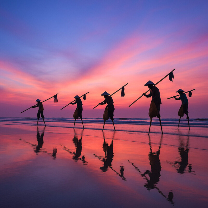 Five people wearing conical hats walk along a beach at sunset, carrying long poles over their shoulders. Their silhouettes and reflections are visible against the colorful sky and water.