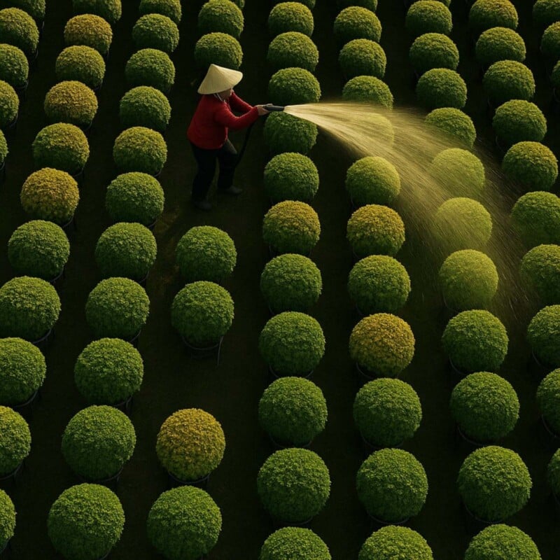 A person wearing a conical hat waters rows of neatly arranged round green bushes, creating a pattern of circles in a garden or nursery.