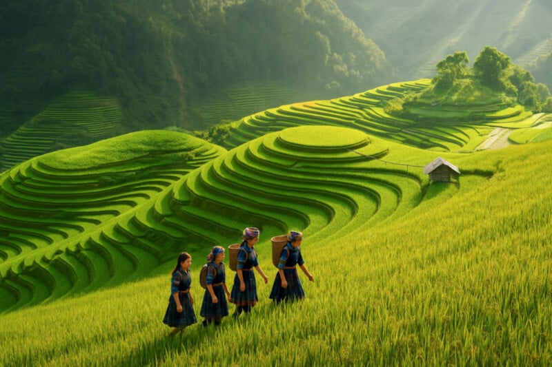 Four people in traditional clothing walk through lush, green terraced rice fields under soft sunlight, with rolling hills and a small hut in the background.