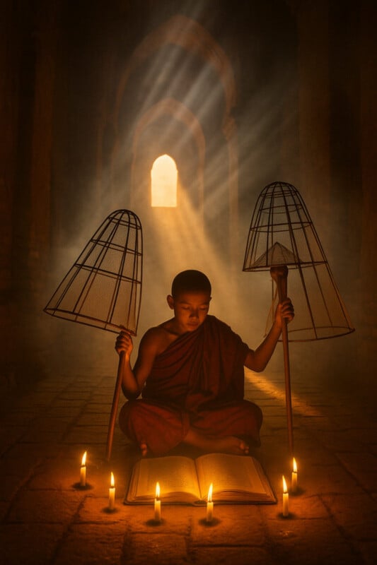 A young monk in a red robe sits cross-legged on the floor, surrounded by lit candles, reading an open book, with sunlight streaming through an arched window behind him and holding two bamboo frames.