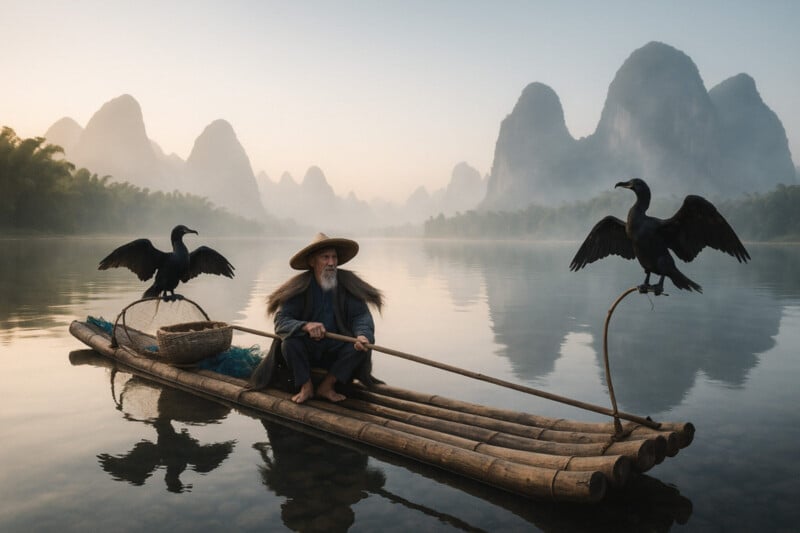 An elderly fisherman in traditional clothing sits on a bamboo raft with two cormorants, surrounded by misty karst mountains reflected in a calm river.