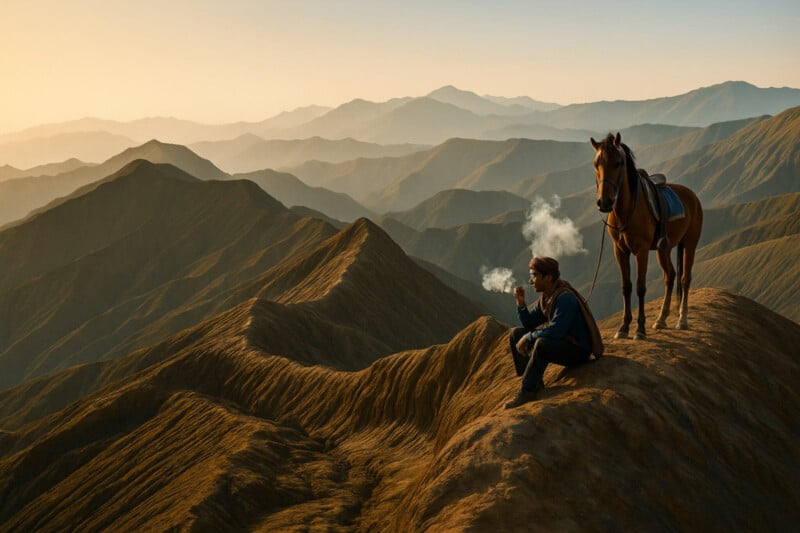 A person sits on a mountain ridge blowing smoke, with a horse standing nearby. The background features dramatic, sunlit mountain ranges extending into the distance under a clear sky.