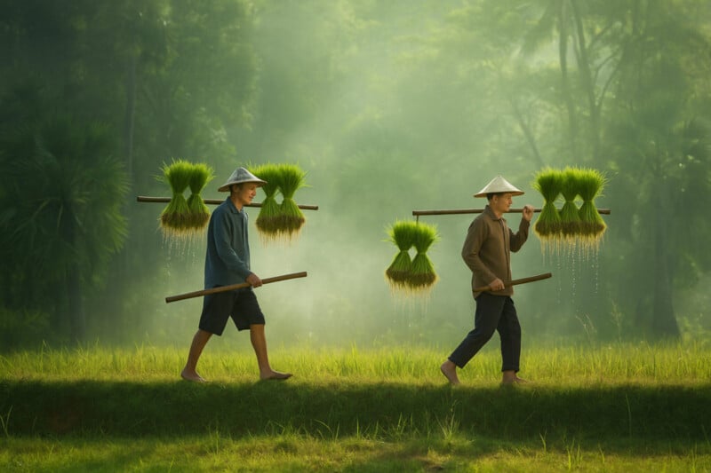 Two farmers wearing conical hats walk through a lush green field carrying bundles of young rice plants on their shoulders, with sunlight filtering through misty trees in the background.