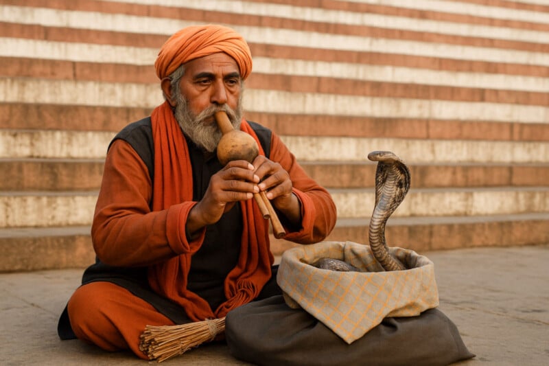 An elderly man in an orange turban and robe plays a flute-like instrument, charming a cobra rising from a basket, with stone steps in the background.